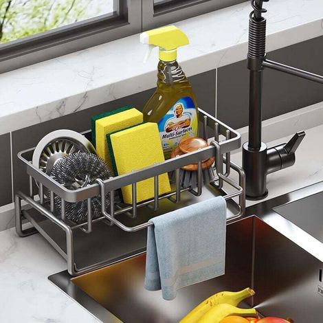 Küchenaufbewahrung und -organisation, Spülbecken-Organizer aus Edelstahl mit automatischer Abtropfschale für Schwammhalter, Handtuchhalter, tolles Badezimmerzubehör - Grau.