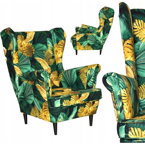 Poltrona con schienale alto in stile scandinavo con stampa Meble, verde, giallo e Monstera.