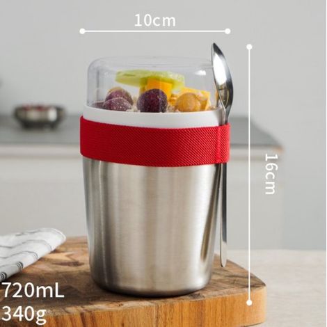 Vaso de acero inoxidable de 720 ml con cuchara, a prueba de fugas. Ideal para guardar avena, yogur y otros alimentos. (1/5)