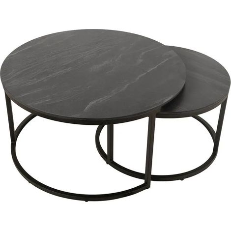 Tables basses gigognes rondes en céramique gris marbré – Structure métal – Résistance aux rayures – Dimensions 80x80cm et 60x60cm – Meubletmoi (1/5)