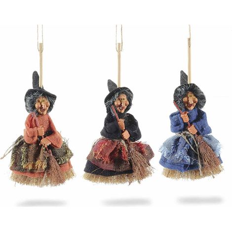 Befana su Scopa con Vestito in Stoffa Decorazioni Natalizie da Appendere per Casa, Vetrine e Negozi Set da 9 Pezzi