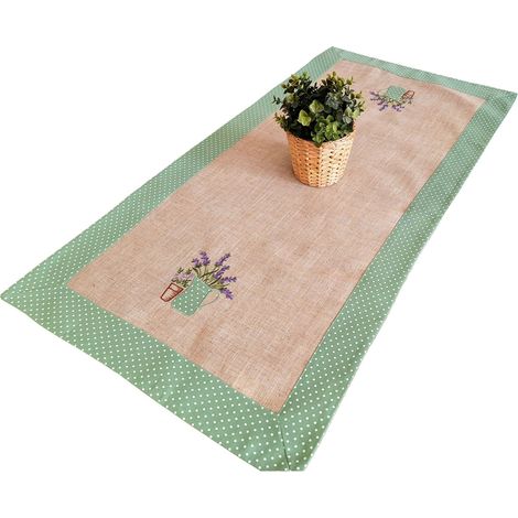 Chemin de table brodé 60x120 cm, serviette beige lavande + bande verte (1/5)