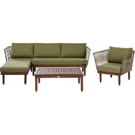 Set da Giardino ad Angolo Destro con Tavolino e Poltrona in Legno di Acacia Marrone Scuro e Cuscini Verdi Cremona (1/5)