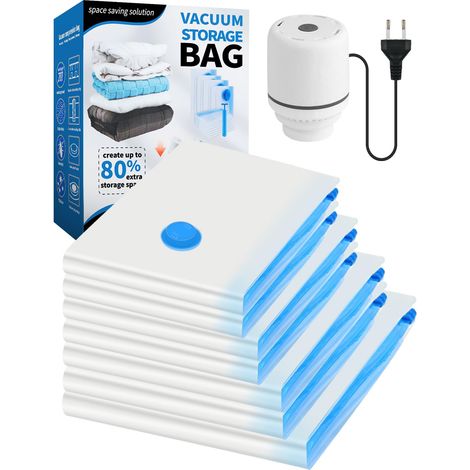 Bolsa de vacío para ropa con aspiradora y bomba eléctrica, 7 piezas de bolsas de almacenamiento al vacío con aspiradora: 1 gigante, 2 grandes, 2 medianas y 2 pequeñas para ropa, edredones y viajes. (1/5)