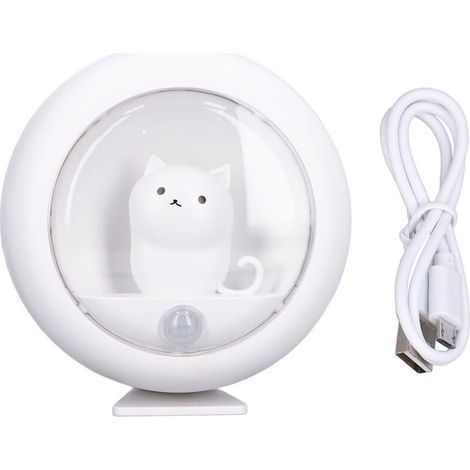 Veilleuse LED à détecteur de mouvement avec chat mignon, rechargeable par USB, blanche, créative pour armoire ou chambre.