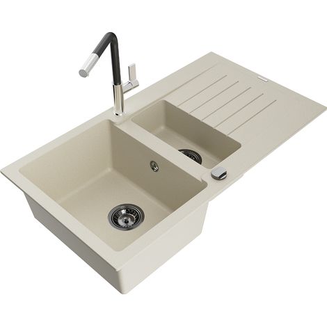 Mexen Matias fregadero de granito de 1,5 senos con escurridor y grifo de cocina Flora, beige - 6502-69-670401-07-B