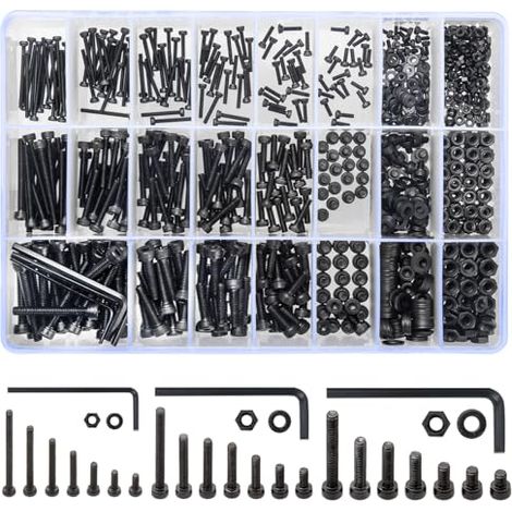 1260 STK M2 M3 M4 Schrauben Set, Zylinderschrauben mit Innensechskant Schrauben Set, Sechskantschrauben und Muttern und Unterlegscheiben Sortiment Set, Schwarz Maschinenschrauben Gewindeschrauben Set