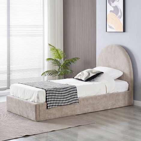 Lit coffre 90x190 beige tête de lit arrondie sommier inclus (1/5)