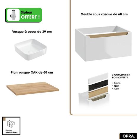Ensemble meuble sous vasque avec plan et vasque à poser - Siphon OFFERT  OPRA  Blanc-Oak  60 × 30 × 45 cm (1/5)