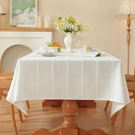 Nappe en lin Blanc 135x220cm, Coton, rectangulaire, pour Cuisine & Jardin