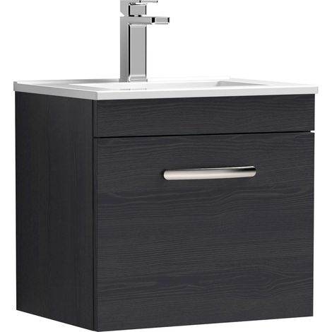 Nuie Athena Charcoal Black Woodgrain 500mm Wall Hung Single Drawer Vanity Unit and Minimalist Ceramic Basin - ATH012B (1/8)