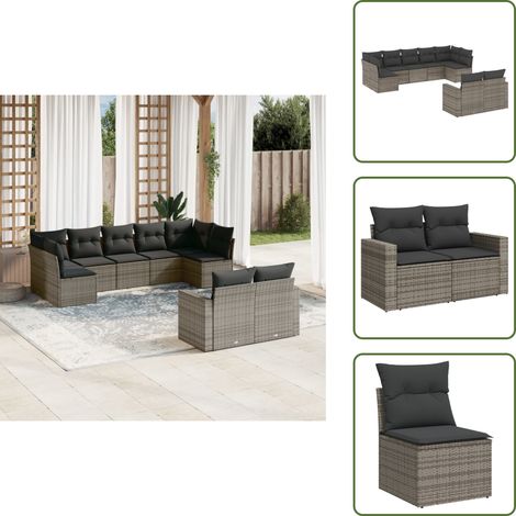 9-tlg. Garten-Sofagarnitur mit Kissen Grau Poly Rattan - Gartensortiment - Outdoor Möbel - Gartenlounge - Lounge Set - Rattan Gartenmöbel (1/5)