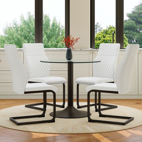Ensemble table repas ronde 85 cm verre noir avec 4 chaises PU blanches, gain de place – MEUBLIV (1/5)