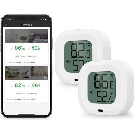 2 Pièces Thermomètre Hygromètre Bluetooth, Capteur de Température D'humidité avec Exportation de Données pour iOS Android, D'alarme, pour Maison, Étui à Guitare, Cave à Cigare, Cadeau Noel