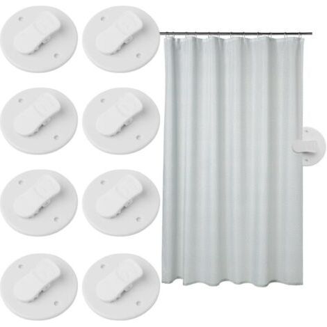 Lot de 8 clips de rideau de douche autocollants blancs pour éviter les éclaboussures d'eau et maintenir le rembourrage du rideau près du mur. Fixations pour rideaux de douche à domicile. (1/5)