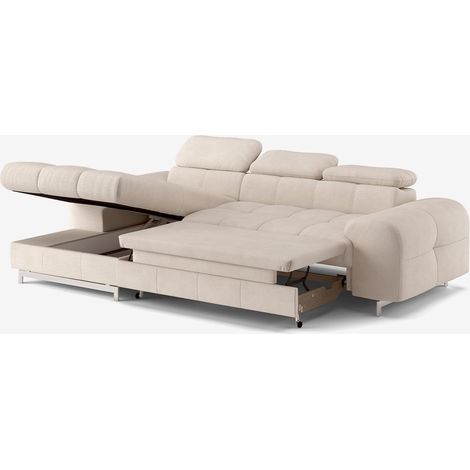 Divano letto 3 posti penisola sinistra contenitore poggiatesta regolabile Nura - Beige (1/5)