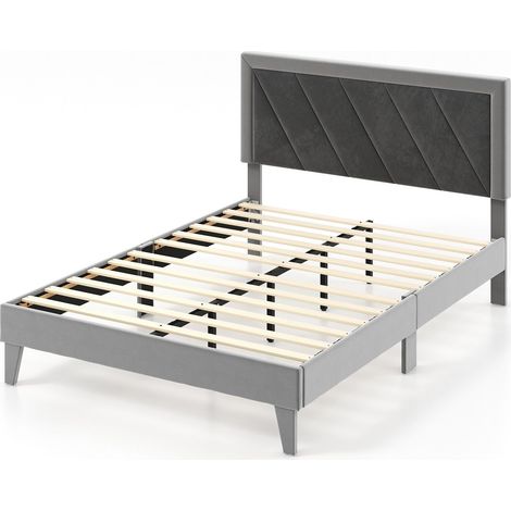 Double Size Bed Frame Velvet Upholstered Platform Bed Slat with High Headboard (1/5)