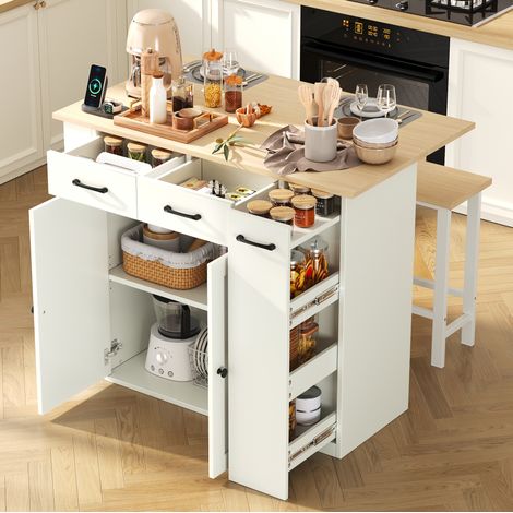 Isla de cocina extensible con cajones, estantes regulables y enchufes, blanca HAVRYA (1/5)