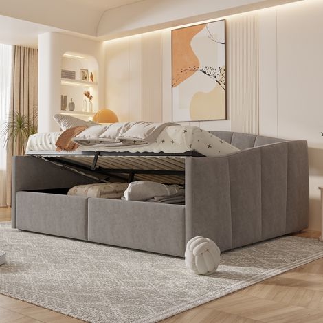 Canapé-lit rembourré velours gris 140×200cm,hydraulique,base/accoudoirs lattes,rayures classiques,lit double au tissu doux (1/5)