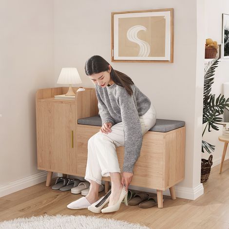 VASIEN – Meuble à chaussures bas pour entrée– Rangement multifonctionnel avec coussin amovible – Pieds en bois massif – Style scandinave – Dimensions 100x30x69.5cm (1/5)