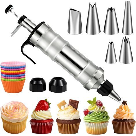 Kit de décoration de desserts avec poches à douille - Poches à douille en acier inoxydable pour la décoration de gâteaux - 6 douilles - Kit de décoration de cupcakes - Noir (1/5)