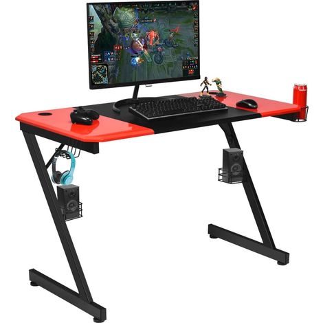 Goplus – Bureau gaming en forme de Z – Pieds réglables – Dimensions 120x60x76 cm – Matériaux bois et métal – Support audio et porte-gobelet (1/5)