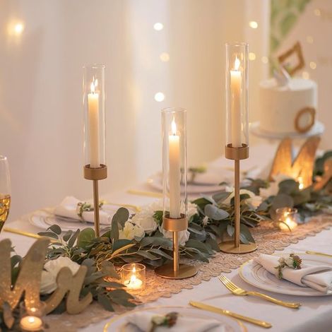Bougeoir cylindrique en verre pour table : bougeoir en verre à base haute, support en métal pour table de Noël, mariage, salle à manger, décoration de fête à la maison, lot de 3 (1/2)