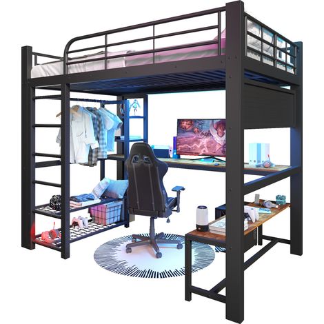 Lit mezzanine 140 x 200 cm en métal noir avec bureau, LED, étagères, tringle et panneau perforé, couchage sécurisé pour chambre ado, petit espace CHICFURN (1/5)