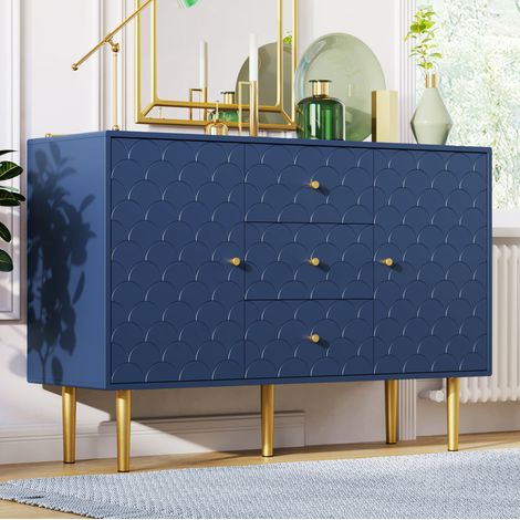 MEUBLIV Buffet 120x40x83 cm bleu marine – 2 portes 3 tiroirs, rangement (1/5)