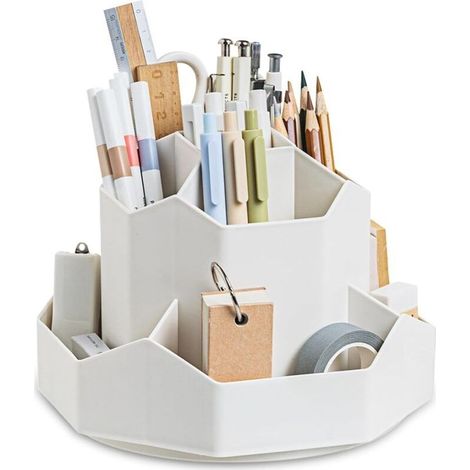 Organisateur de bureau rotatif 360° – 9 compartiments en plastique PP – Rangement stylos, papeterie et cosmétiques