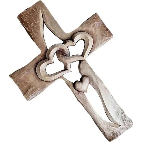 Croix en bois sculptée, cœurs entrelacés, décoration murale, style antique, deux cœurs unis pour la maison (1/5)