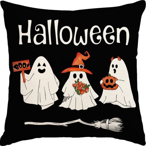 Lot de 2 housses de coussin décoratives d'Halloween, 3 housses de coussin blanches à motifs de fantômes, citrouilles et balais, taies d'oreiller style lin avec chapeau de sorcière et fantôme, (1/5)