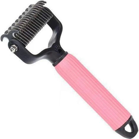 Râteau de toilettage pour animaux - Outil démêlant double face, râteau pour sous-poil de chiens et chats, brosse de toilettage extra-large pour chiens, grande taille, rose (1/5)