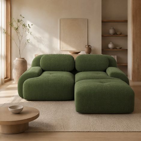 Canapé d'angle design modulaire 2 places en velours côtelé vert – Confort élastique – Accoudoirs galbés – Base antidérapante (1/5)