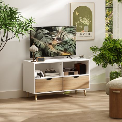 MODFU Mueble de TV Moderno 99 x 39 x 58,3 cm con 2 Cajones, Cómoda, Madera, Blanco (1/5)