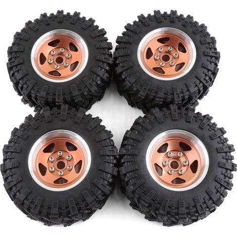 4 Pièces 98 mm en Métal 1,9 Pouces Beadlock Jante de Roue en Caoutchouc Ensemble de Pneus pour 1/10 RC Crawler Car TRX4 D90 pour Axial SCX10 II III Bronze (1/5)