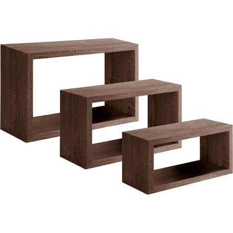 Conjunto de 3 estantes de pared, librería flotante, estantería de pared, nogal, 45x27 p15,5 cm, 40x22 p15,5 cm y 35x17 p15,5 cm - Tríptico (1/4)