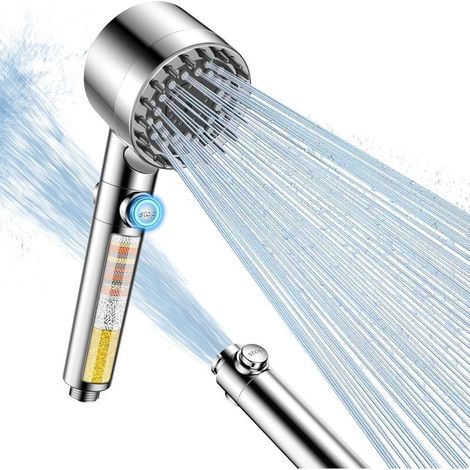 Pommeau de douche anticalcaire avec filtre à 15 couches, 3+1 types de jets, haute pression, avec bouchon anti-éclaboussures, économie d'eau (1/5)