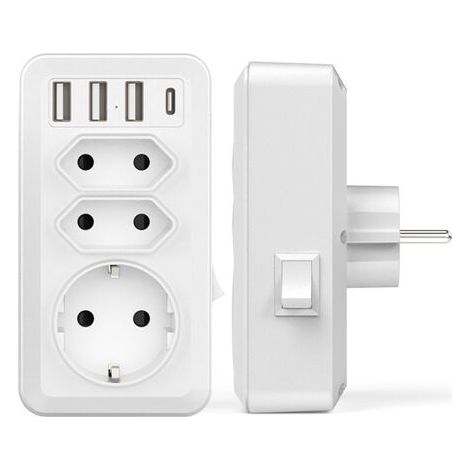 Multiprise murale 7 en 1 avec 3 sorties AC 16A 3800W – 3 ports USB 5V/3.4A et 1 Type-C – Matériau ignifuge pour sécurité optimale