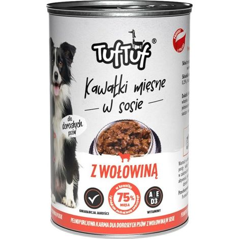 Cibo umido per cani TufTuf, lattina di manzo da 415 g con pezzi di carne (1/2)