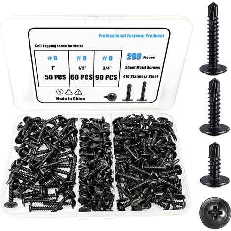 Coffret de visserie 200 pièces – Vis autoperceuses et autotaraudeuses pour tôle en acier inoxydable 410, tête bombée avec rondelle intégrée et empreinte cruciforme, classe 12.9, formats 8-NOIR (1/2)
