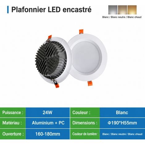 Spot encastrable LED COB 24W aluminium 4000K diamètre 190mm 24w 160-180 190mm 4000k 300 g – Livraison gratuite