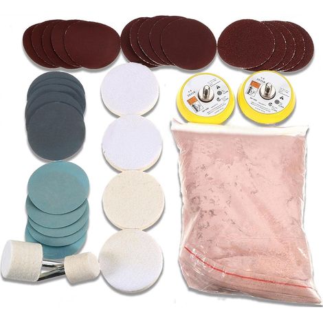 Glaspolierscheiben, Set mit 34 Stück, zum Entfernen tiefer Kratzer, 230 g Ceroxidpulver und 50 mm Polierpads (1/4)