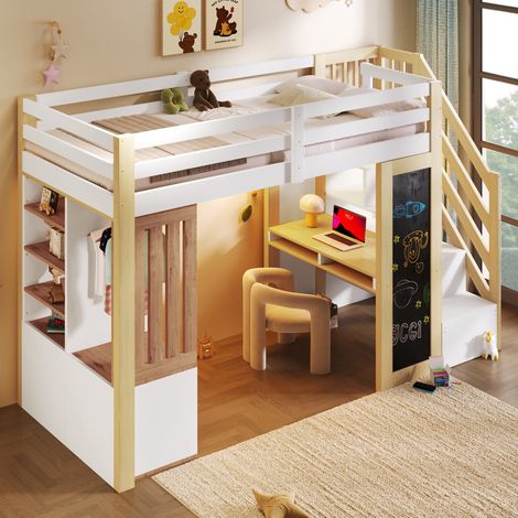 Cama alta infantil 90x200 cm con escritorio, armario, estanterías, escalera de almacenaje, iluminación LED, madera MDF blanco natural (1/5)