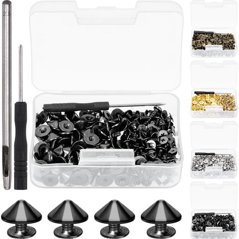 102Pcs Gun Black Cone Spikes and Studs Kit avec perforateur et tournevis, retour cuir Craft rapide Rivet vis, Spikes Bullet Cone Spikes vis pour cuir Craft (1/5)