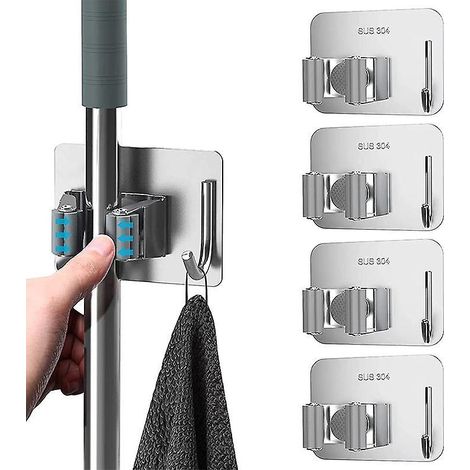 4 Pices Argent Porte-balai Mural (avec Crochet),acier Inoxydable Vadrouille Porte Crochet Balai Antirouille Mural Sans Forage Supplmentaire, Pour (1/5)