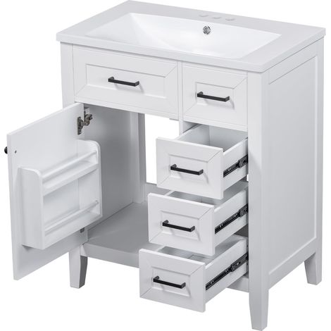 Meuble de salle de bain sur pied 76 x 46 x 83,5 cm avec vasque, meuble sous-vasque, finition laquée intégrale, étagère de porte, trois tiroirs silencieux, vasque en céramique intégrée, blanc