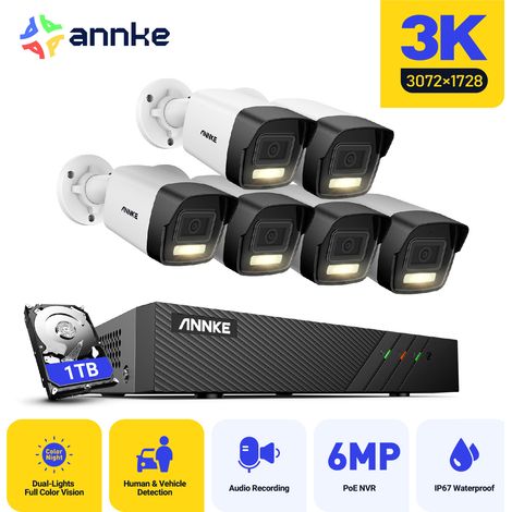 ANNKE 8 Channel 3K 6 Cameras PoE Security System,30721728 Resolution, Human & Vehicle Detection, Built-in Microphone,Color & IR Night Vision,IP67 - 1TB HDD (1/5)