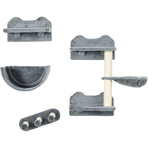Pared para gatos gris de 4 piezas con rascador, escalera, hamaca y plataforma, hasta 5 kg (1/5)