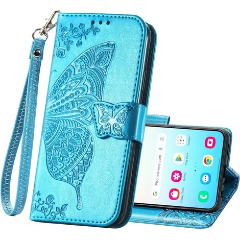 (Bleu, Galaxy S25 FE) Étui portefeuille à rabat à texture papillon avec support et dragonne, pour femme (1/5)